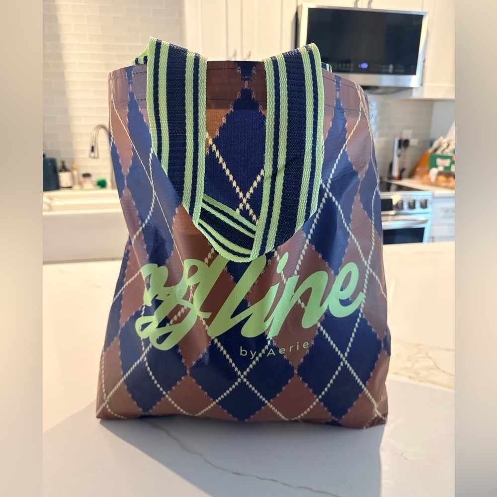 Aerie Argyle Reusable Tote Bag - Brown, Blue, and Green